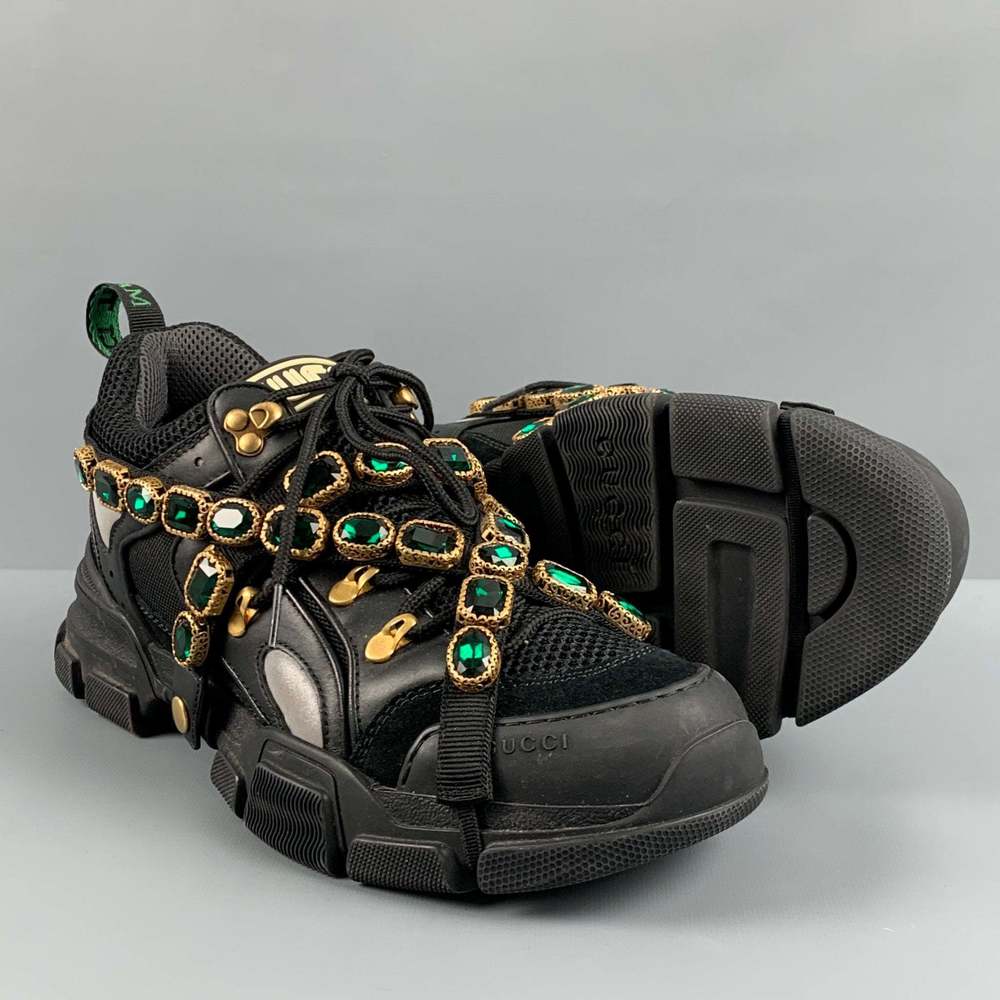 GUCCI Black Green Beaded Nylon Lace Up Sneakers - Picture 5 of 8